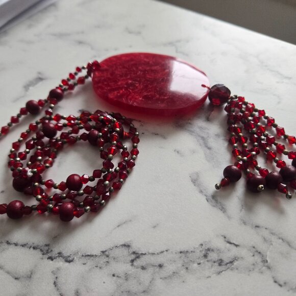 Vintage  Czech Czechoslovakian Red Glass Beaded Lucite Necklace - Picture 5 of 9